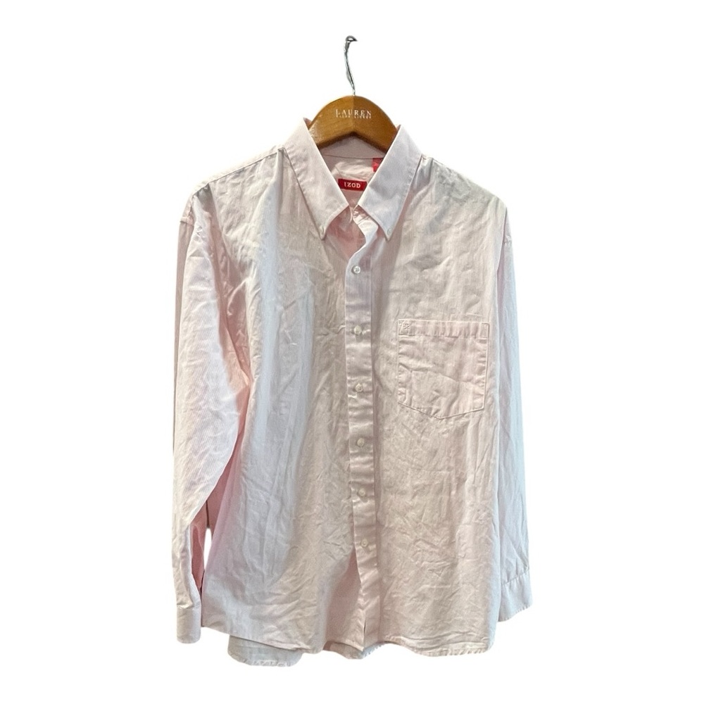 IZOD Men’s Large Button-Down Shirt Pink Peach‎ Stripe Classic Cotton